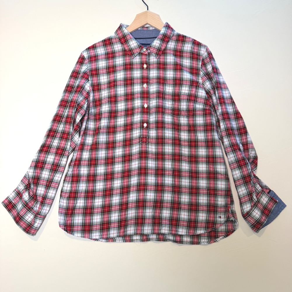 Tommy Hilfiger Womens Red White Plaid Popover Shirt Roll Tab Sleeve Large